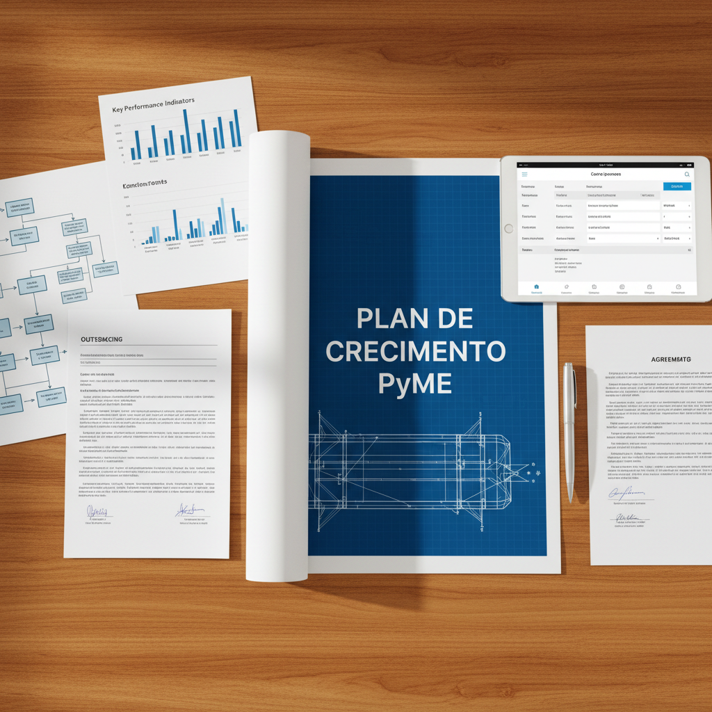 A neatly organized set of business process documents laid out on a warm wooden desk: detailed flowcharts, printed KPIs, outsourcing contracts, and a prominently placed blueprint-style roadmap titled “Plan de Crecimiento PyME”. Beside them, a slim tablet displays a professional CRM interface, and a metal pen rests across a signed agreement. Natural daylight from an unseen side window washes over the desk, creating soft, directional light and gentle shadows that emphasize the paper textures and ink details. Captured in photographic realism from a top-down, flat-lay perspective, the image feels methodical, transparent, and trustworthy, illustrating structured support for small and medium enterprises.