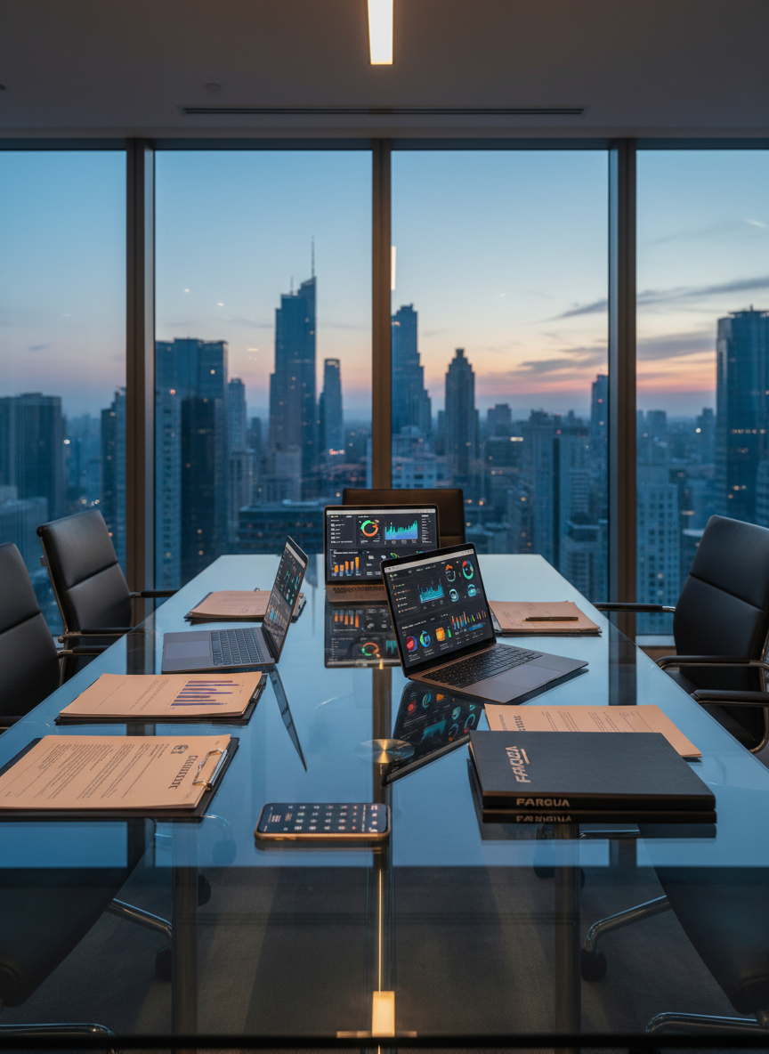 A sleek glass conference table covered with neatly arranged business tools: open laptops displaying colorful sales dashboards, branded folders labeled “FARGUA”, organized contracts, and a smartphone showing a calendar full of appointments. The table stands in a modern high-rise meeting room with floor-to-ceiling windows overlooking a city skyline at dusk. Cool, diffused natural light mixes with warm recessed ceiling lights, creating subtle reflections on the glass surface. Photographic realism, eye-level composition with a shallow depth of field keeps the table in sharp focus while the city beyond blurs softly. The mood is professional, strategic, and growth-oriented, ideal to represent outsourcing and commercial solutions for businesses.