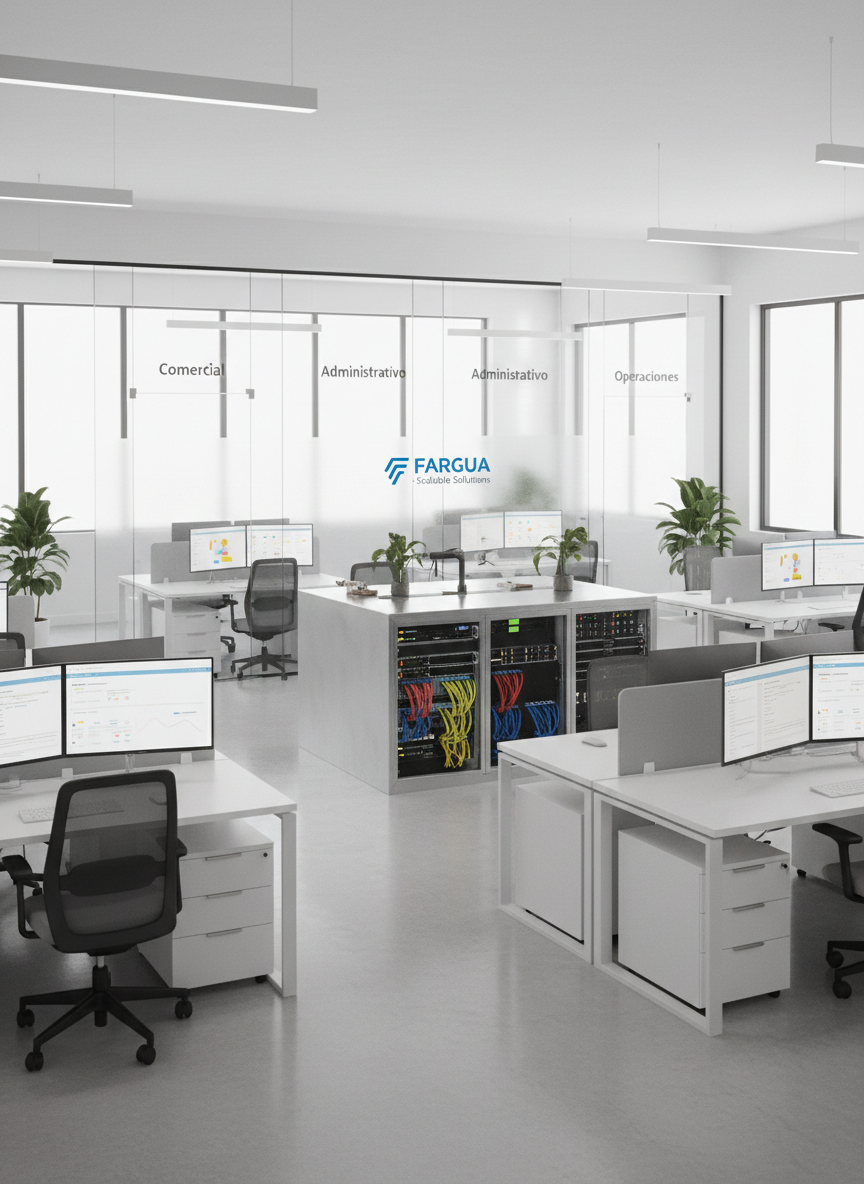 An ultra-modern open-plan office designed as an outsourcing hub, filled not with people but with signs of active operations: rows of powered-on computers showing dashboards and email interfaces, labeled glass partitions reading “Comercial”, “Administrativo”, and “Operaciones”, and a central island with network hardware and neatly coiled cables. Large windows let in bright, diffused daylight that reflects softly off matte white desks and metallic fixtures. Shot in photographic realism from a wide, slightly elevated angle, the entire space appears ready for teams to plug in and work. The mood is scalable, corporate, and highly organized, emphasizing FARGUA’s capacity to handle complex processes for growing companies.