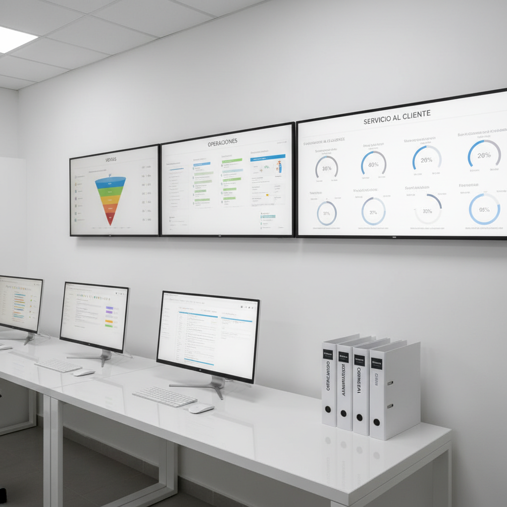 A clean, minimalist workspace featuring three large wall-mounted digital dashboards: one showing sales funnels, another operational metrics, and a third customer service performance, all with crisp, professional data visualizations. Below them, a long white workstation supports multiple ultra-thin monitors, wireless keyboards, and neatly stacked branded binders labeled “Operaciones”, “Administración” and “Comercial”. Soft studio lighting evenly illuminates the scene, reducing harsh shadows and enhancing clarity. Photographic realism from a slightly elevated wide-angle view captures the entire control center. The atmosphere feels efficient, organized, and high-tech, perfectly conveying centralized outsourcing support for SMEs and corporate clients.