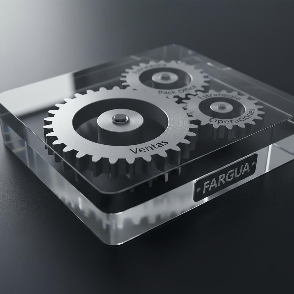 A close-up photographic shot of interlocking metallic gears and cogs, each etched with subtle labels like “Ventas”, “Operaciones”, “Back Office” and “Estrategia”. The gears are made of brushed steel with a cool silver tone, meshing perfectly inside a transparent acrylic housing set on a dark matte desk. Directional side lighting creates crisp highlights along the gear edges and deep, professional-looking shadows between the teeth. Shot with a shallow depth of field so the foreground gear is in sharp focus while the rest gently blur, the composition suggests seamless integration and efficiency. The mood is precise, reliable, and corporate, symbolizing how FARGUA aligns commercial, administrative, and operational functions.